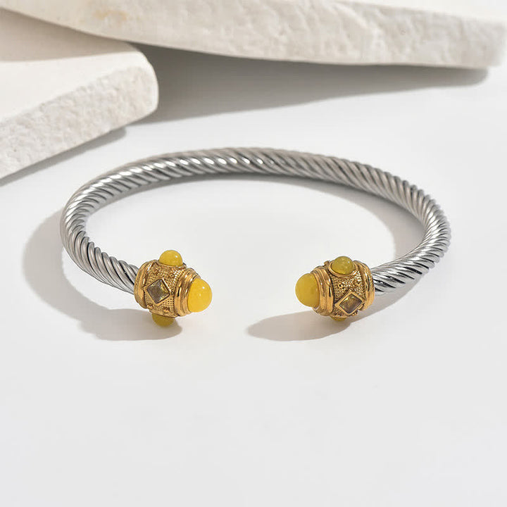 Buddha Stones ステンレススチール製スパイラルエナジーツートーンカフブレスレット - イエロー（イエロージェムアクセント） - image 8