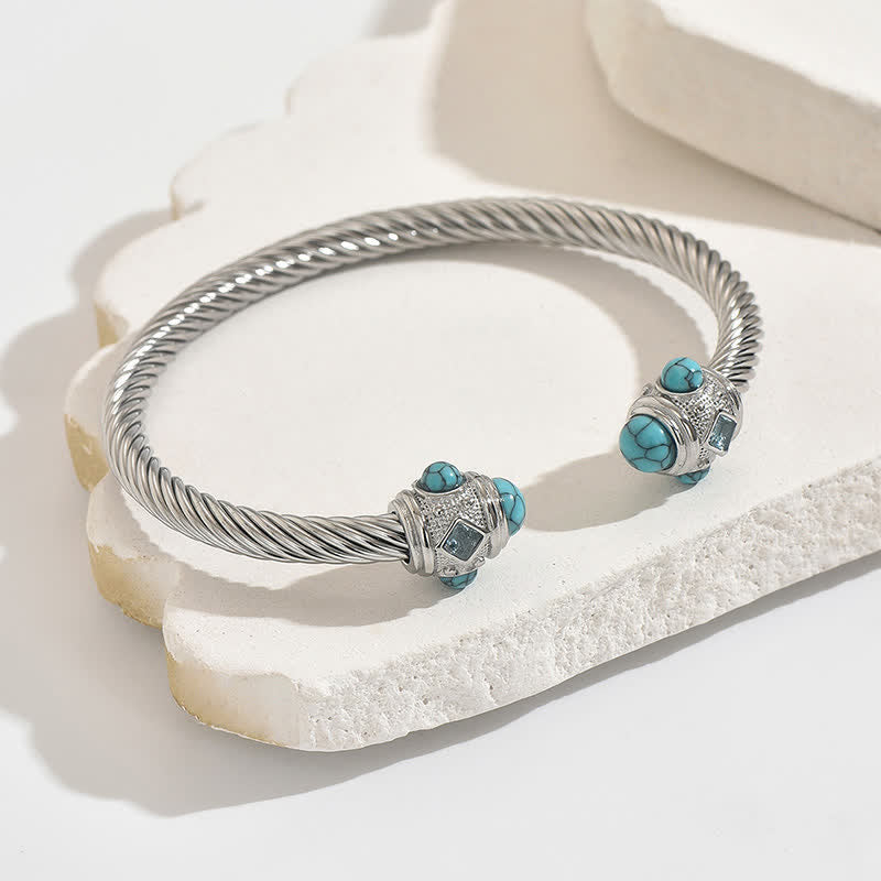 Buddha Stones ステンレススチール製スパイラルエナジーツートーンカフブレスレット - シルバー（ターコイズアクセント） - image 11