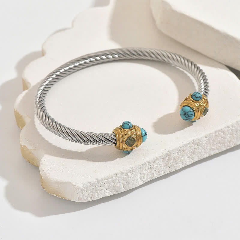 Buddha Stones ステンレススチール製スパイラルエナジーツートーンカフブレスレット - イエロー（ターコイズアクセント） - image 4