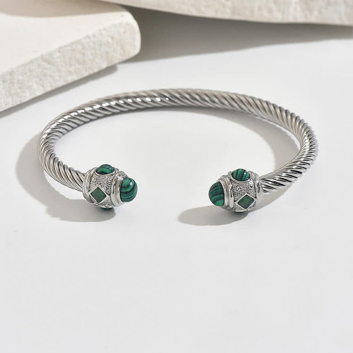 Buddha Stones ステンレススチール製スパイラルエナジーツートーンカフブレスレット - シルバー（グリーンの宝石アクセント） - image 10