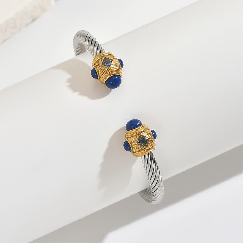 Buddha Stones ステンレススチール製スパイラルエナジーツートーンカフブレスレット - イエロー（ブルーの宝石アクセント） - image 7