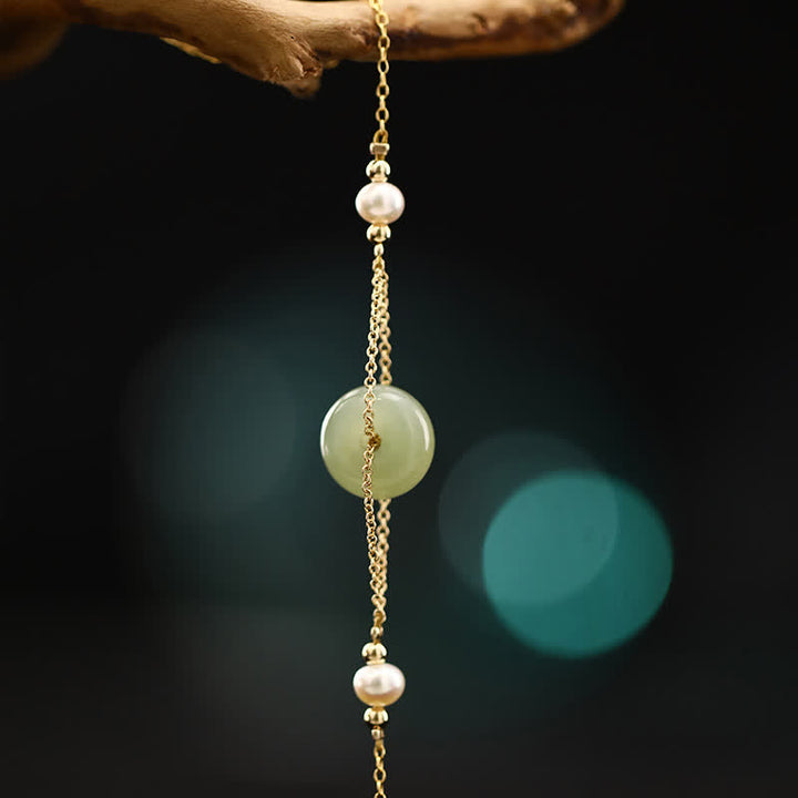 Buddha Stones 和田翡翠平和のお守りチャームパールセーフティチェーンアンクレット - image 2