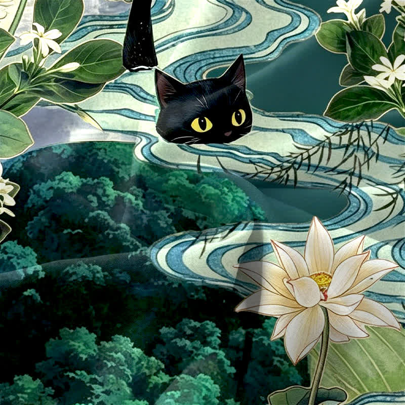 Buddha Stones 夏用カジュアルロータス黒猫柄レディースサマーノースリーブミディドレス（ポケット付き） - image 3