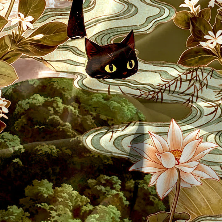 Buddha Stones 夏用カジュアルロータス黒猫柄レディースサマーノースリーブミディドレス（ポケット付き） - image 7