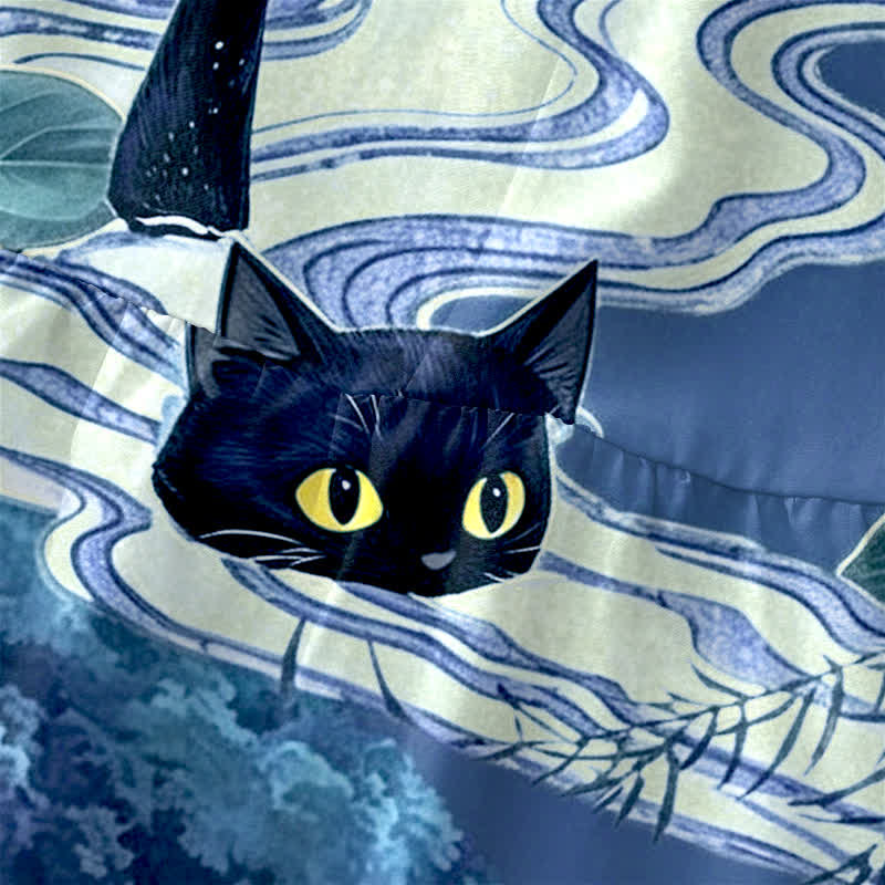 Buddha Stones 夏用カジュアルロータス黒猫柄レディースサマーノースリーブミディドレス（ポケット付き） - image 9