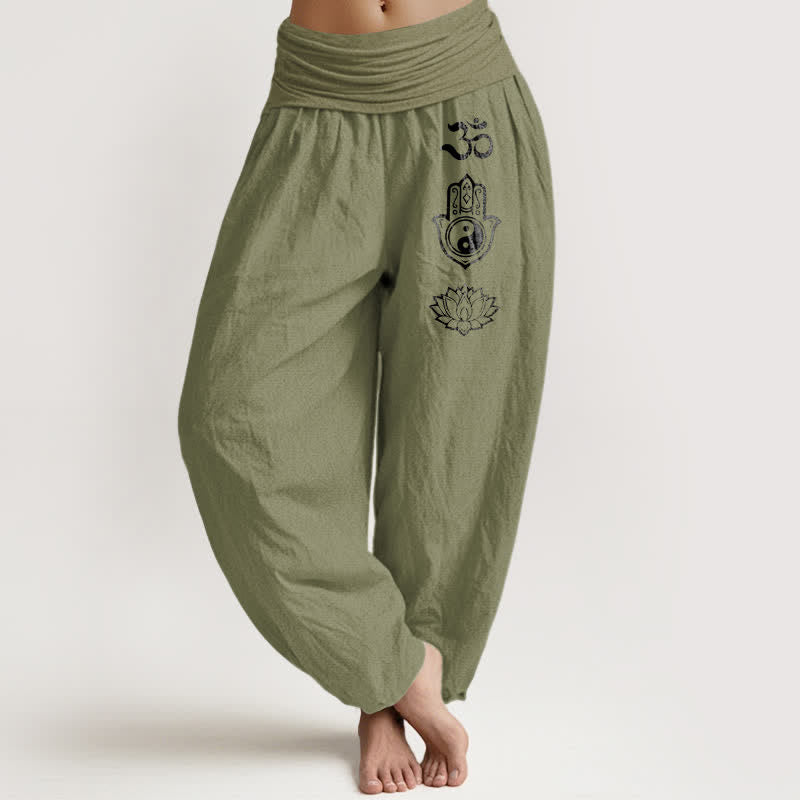 Buddha Stones 純綿 オム・ハムサ陰陽柄 レディース ゴムウエスト ハーレムパンツ - オリーブドラブ - US16、 UK/AU20、 EU48 (3XL) - image 14