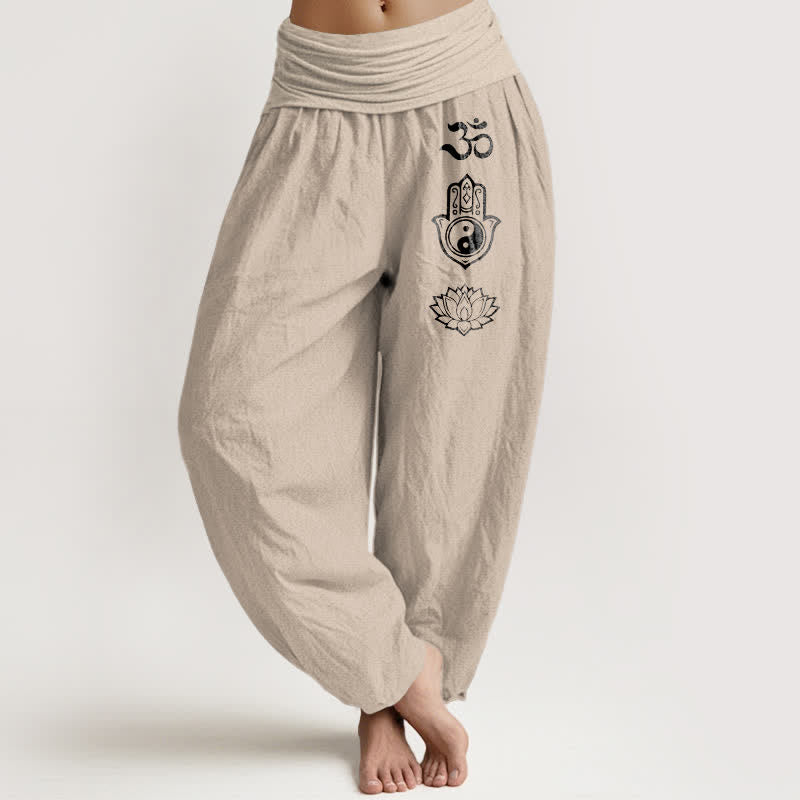 Buddha Stones 純綿 オム・ハムサ陰陽柄 レディース ゴムウエスト ハーレムパンツ - タン - US16、 UK/AU20、 EU48 (3XL) - image 0