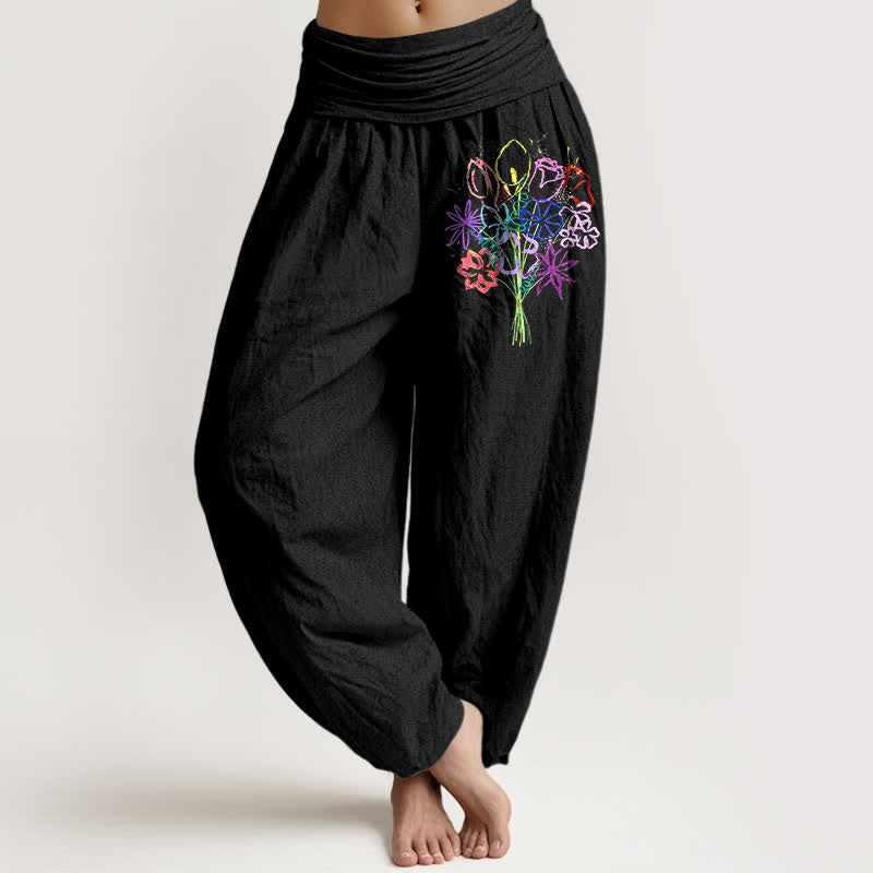 Buddha Stones 純綿花柄ブーケ模様 レディース ゴムウエスト ハーレムパンツ - 黒 - US16、 UK/AU20、 EU48 (3XL) - image 0