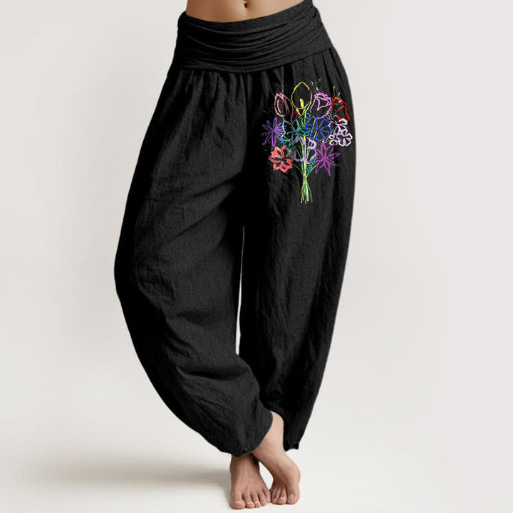 Buddha Stones 純綿花柄ブーケ模様 レディース ゴムウエスト ハーレムパンツ - 黒 - US16、 UK/AU20、 EU48 (3XL) - image 0