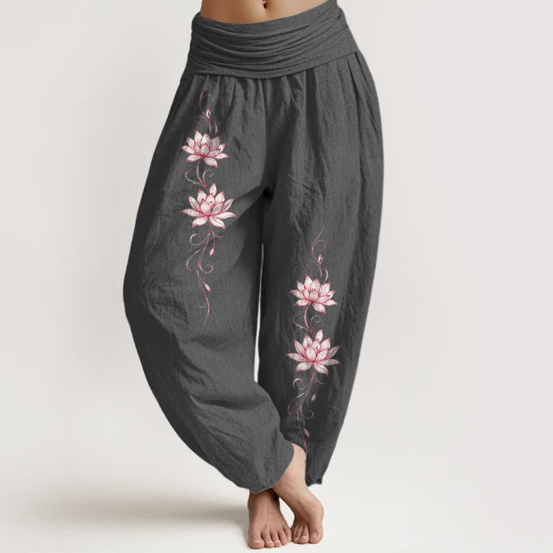 Buddha Stones 純綿蓮の花柄レディースゴムウエストハーレムパンツ - 薄暗い灰色 - US16、 UK/AU20、 EU48 (3XL) - image 8