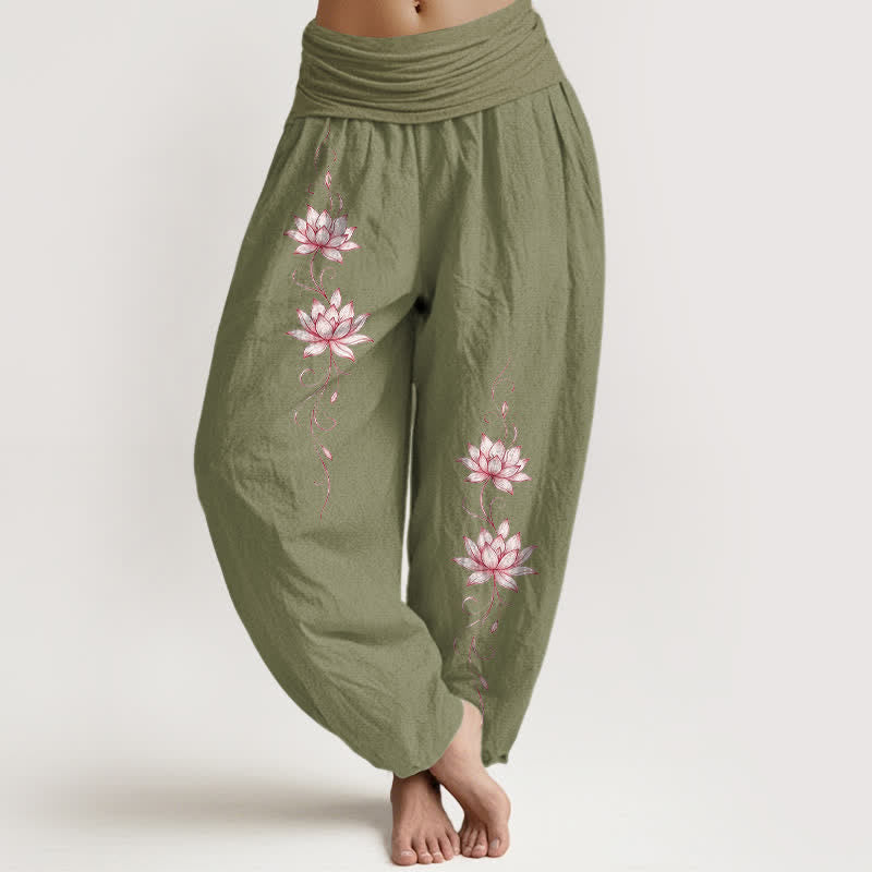 Buddha Stones 純綿蓮の花柄レディースゴムウエストハーレムパンツ - オリーブドラブ - US16、 UK/AU20、 EU48 (3XL) - image 11