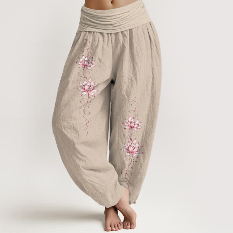 Buddha Stones 純綿蓮の花柄レディースゴムウエストハーレムパンツ - タン - US16、 UK/AU20、 EU48 (3XL) - image 14