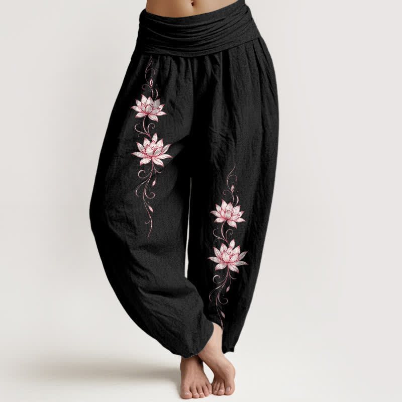 Buddha Stones 純綿蓮の花柄レディースゴムウエストハーレムパンツ - 黒 - US16、 UK/AU20、 EU48 (3XL) - image 0