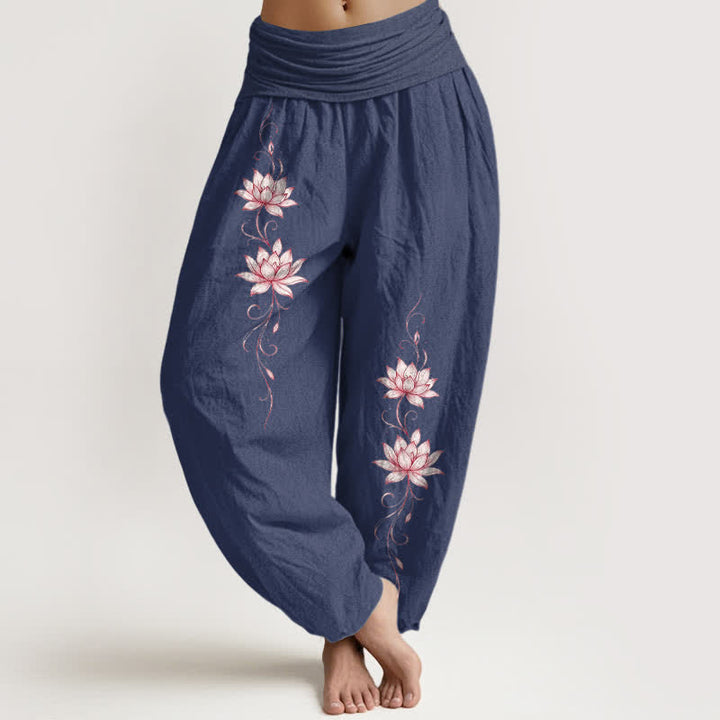 Buddha Stones 純綿蓮の花柄レディースゴムウエストハーレムパンツ - ダークスレートブルー - US16、 UK/AU20、 EU48 (3XL) - image 5