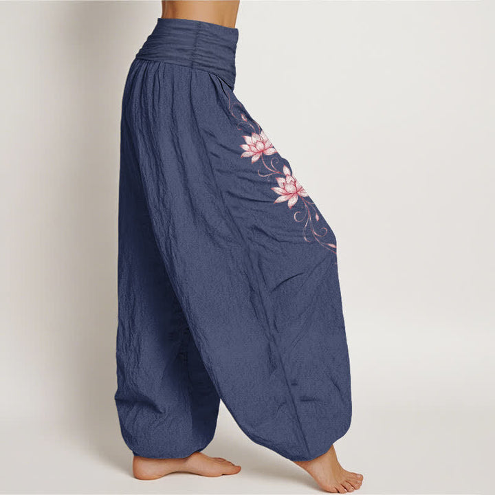 Buddha Stones 純綿蓮の花柄レディースゴムウエストハーレムパンツ - image 7