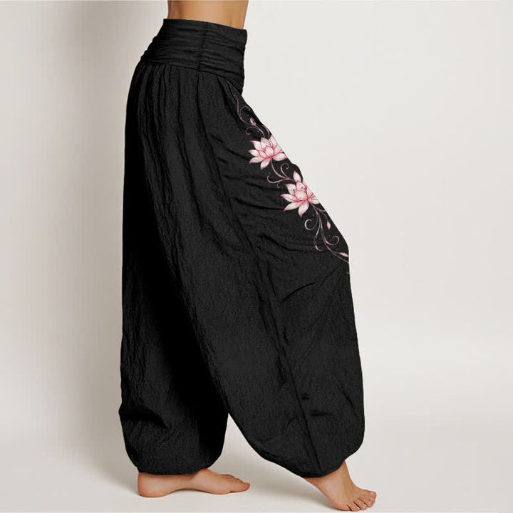Buddha Stones 純綿蓮の花柄レディースゴムウエストハーレムパンツ - image 2