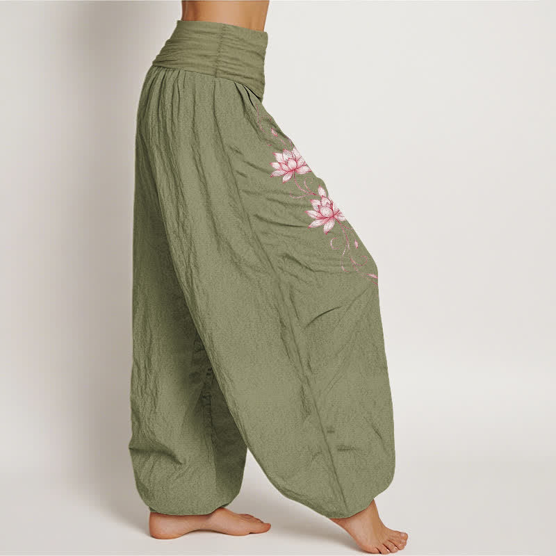 Buddha Stones 純綿蓮の花柄レディースゴムウエストハーレムパンツ - image 13