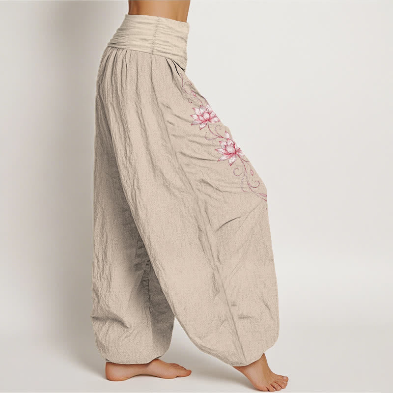 Buddha Stones 純綿蓮の花柄レディースゴムウエストハーレムパンツ - image 16