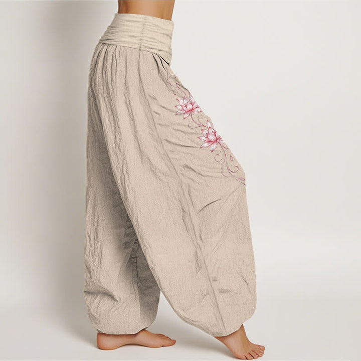 Buddha Stones 純綿蓮の花柄レディースゴムウエストハーレムパンツ - image 16