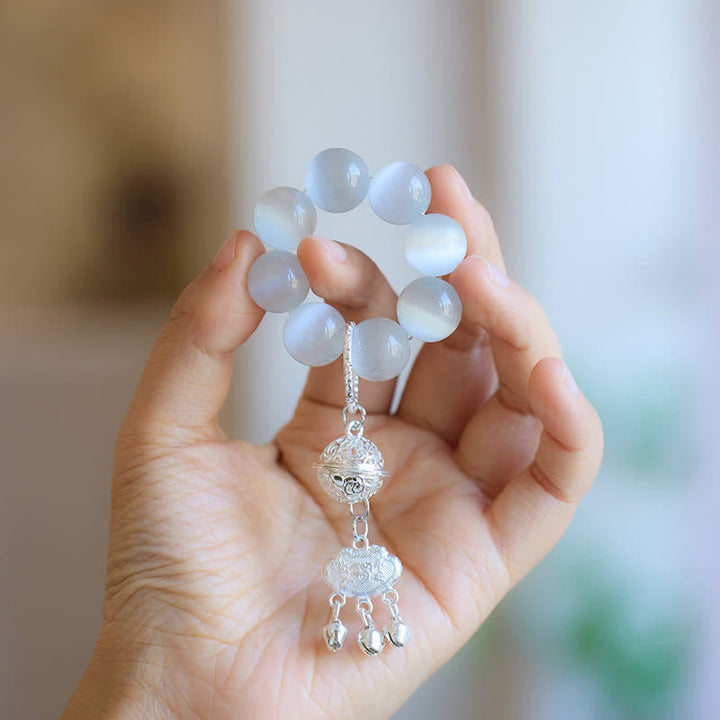 Buddha Stones 白いキャッツアイの鈴　如意運を高める触覚瞑想ビーズ装飾品 - ホワイトキャッツアイ（幸運♥ポジティブ） - image 0