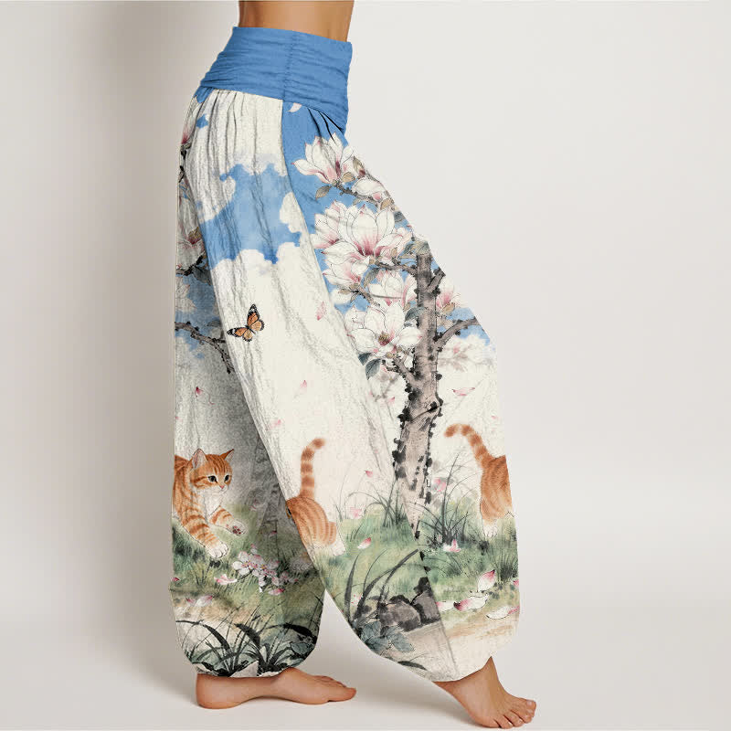 Buddha Stones ピュアコットン マグノリアオレンジ タビーキャット柄 レディース ゴムウエスト ハーレムパンツ - image 2