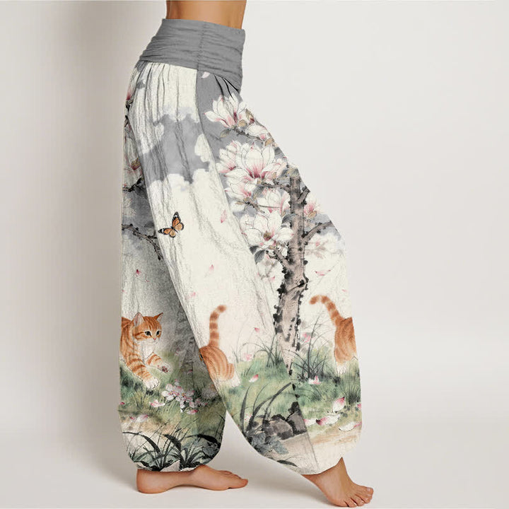 Buddha Stones ピュアコットン マグノリアオレンジ タビーキャット柄 レディース ゴムウエスト ハーレムパンツ - image 7