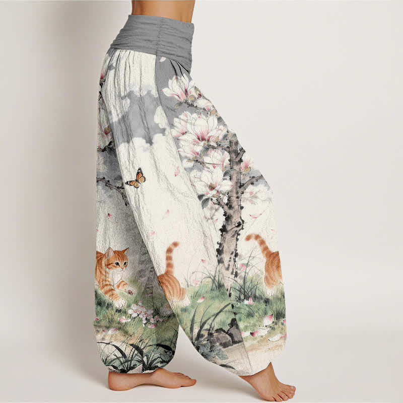 Buddha Stones ピュアコットン マグノリアオレンジ タビーキャット柄 レディース ゴムウエスト ハーレムパンツ - image 7