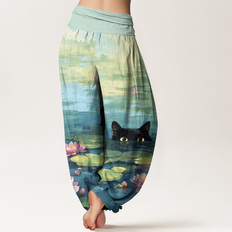 Buddha Stones コットン素材の蓮池猫柄レディースゴムウエストハーレムパンツ - image 1