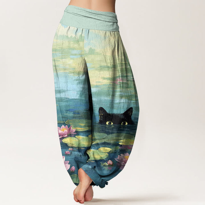 Buddha Stones コットン素材の蓮池猫柄レディースゴムウエストハーレムパンツ - image 1