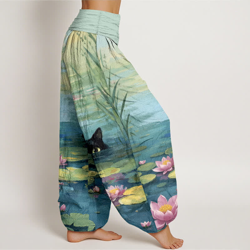 Buddha Stones コットン素材の蓮池猫柄レディースゴムウエストハーレムパンツ - image 2
