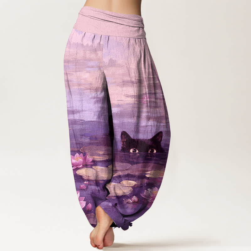 Buddha Stones コットン素材の蓮池猫柄レディースゴムウエストハーレムパンツ - image 6