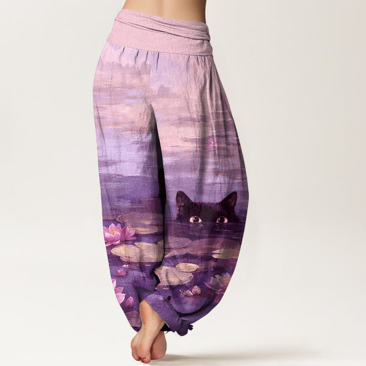 Buddha Stones コットン素材の蓮池猫柄レディースゴムウエストハーレムパンツ - image 6