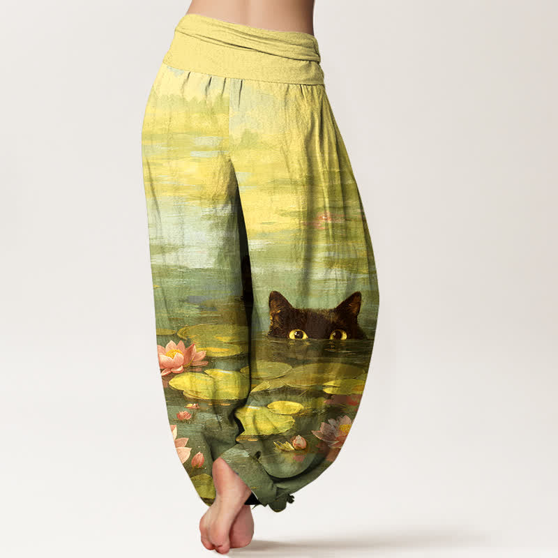 Buddha Stones コットン素材の蓮池猫柄レディースゴムウエストハーレムパンツ - image 9