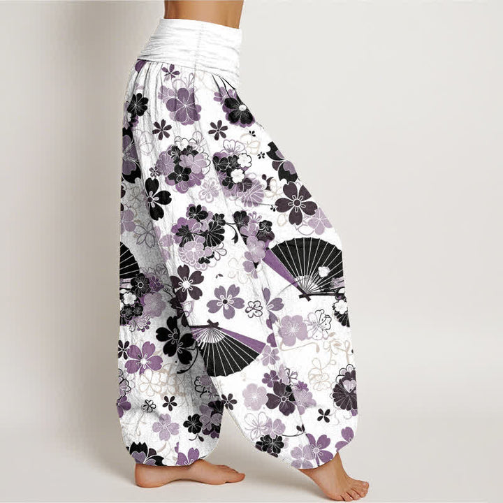 Buddha Stones 綿素材の桜の花柄扇形柄レディースゴムウエストハーレムパンツ - image 2
