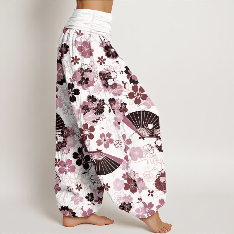 Buddha Stones 綿素材の桜の花柄扇形柄レディースゴムウエストハーレムパンツ - image 7