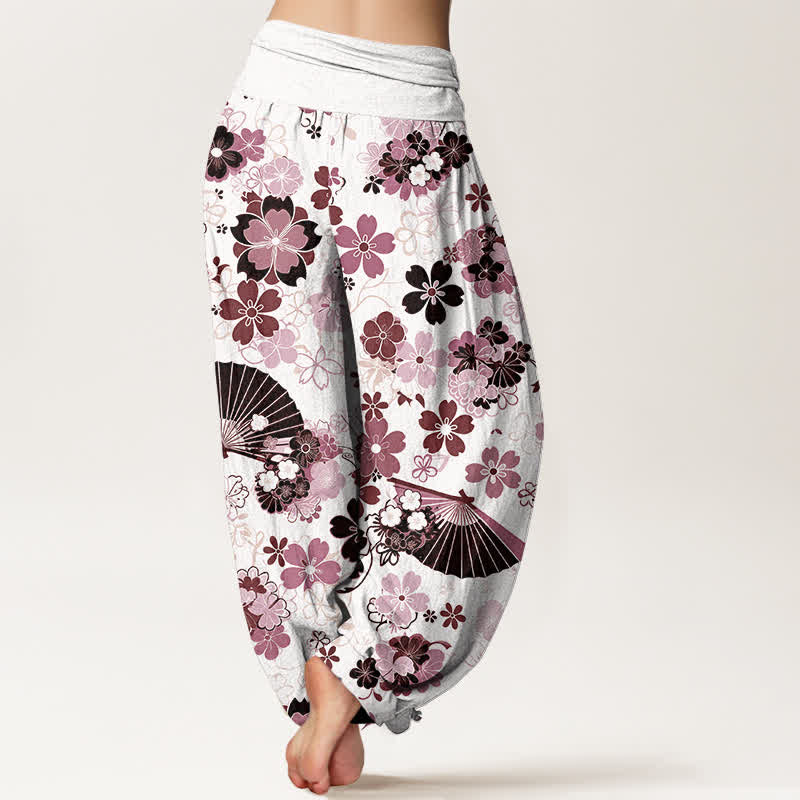Buddha Stones 綿素材の桜の花柄扇形柄レディースゴムウエストハーレムパンツ - image 6