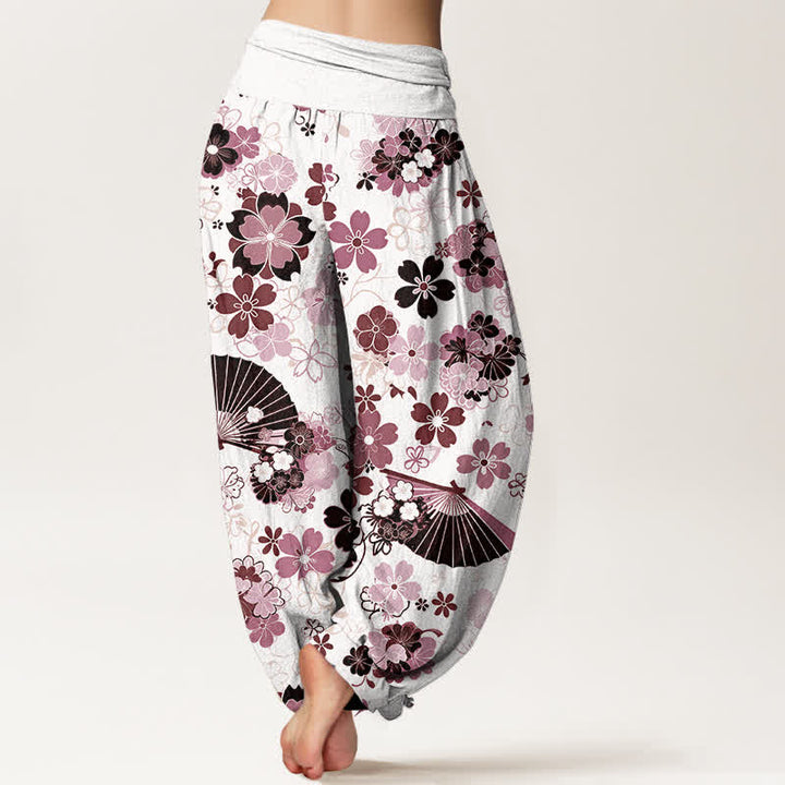 Buddha Stones 綿素材の桜の花柄扇形柄レディースゴムウエストハーレムパンツ - image 6