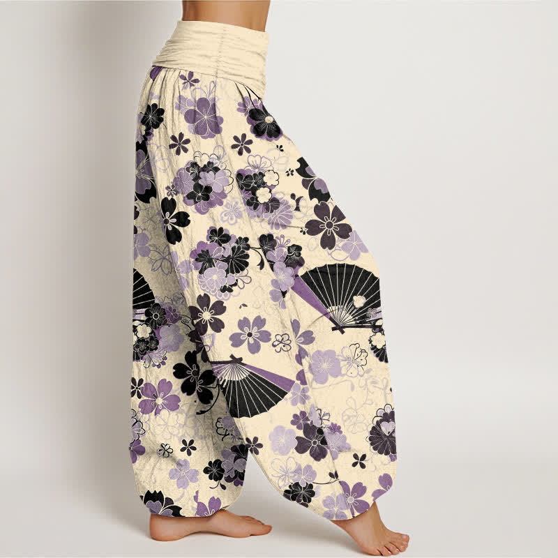 Buddha Stones 綿素材の桜の花柄扇形柄レディースゴムウエストハーレムパンツ - image 10