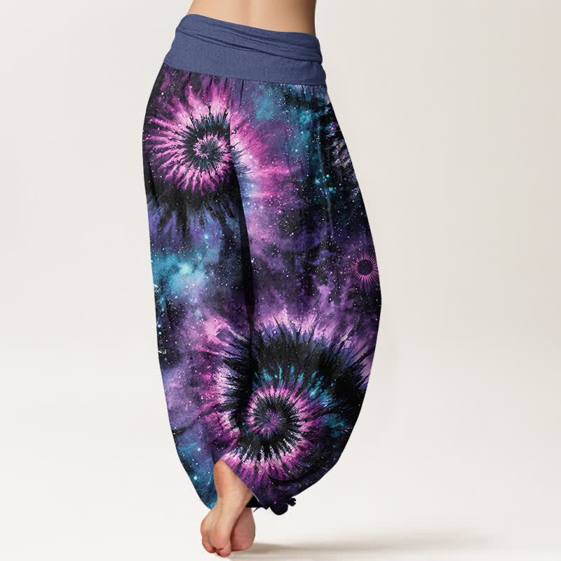 Buddha Stones ピュアコットン製、宇宙螺旋模様のレディース用ゴムウエストハーレムパンツ - image 1