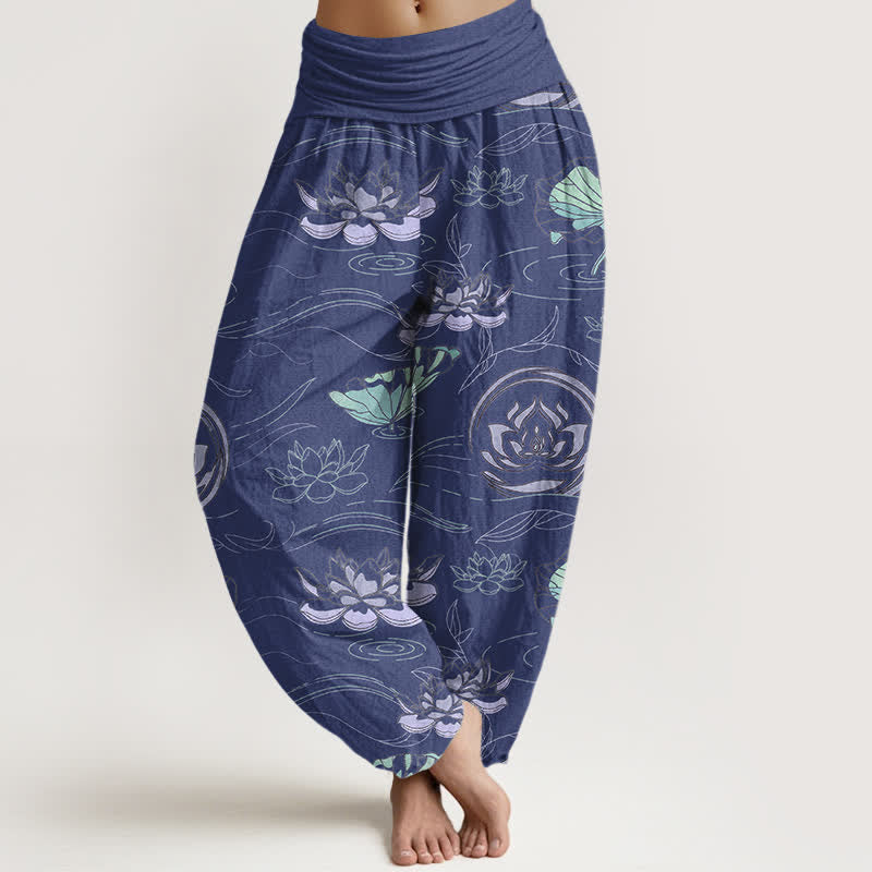 Buddha Stones コットンロータスリップル柄 レディース ゴムウエスト ハーレムパンツ - 海軍 - US16、 UK/AU20、 EU48 (3XL) - image 0