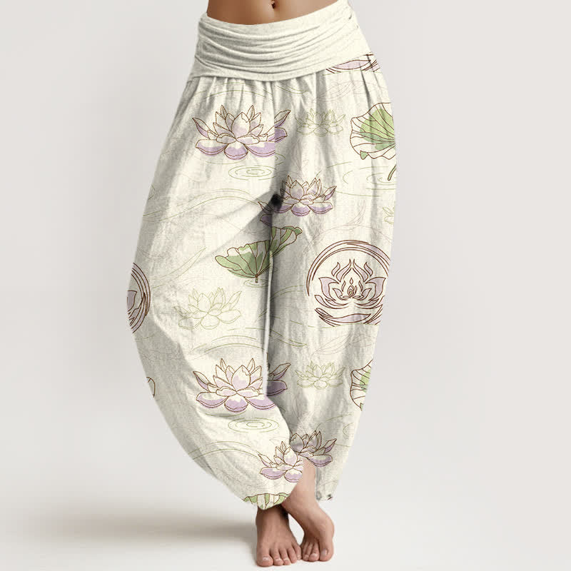 Buddha Stones コットンロータスリップル柄 レディース ゴムウエスト ハーレムパンツ - 象牙 - US16、 UK/AU20、 EU48 (3XL) - image 5