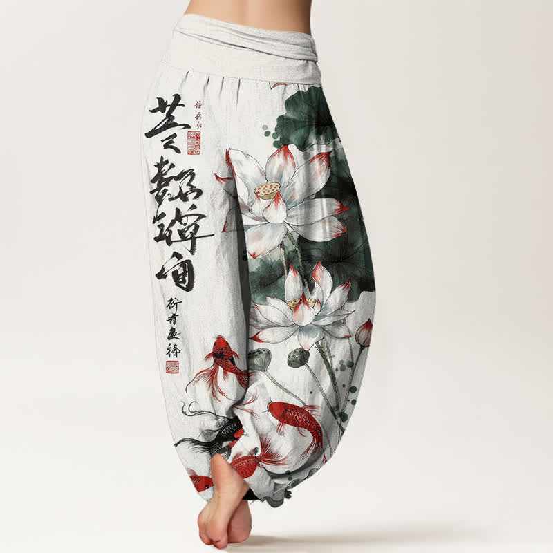Buddha Stones コットンロータスレッド鯉の墨書道柄レディースゴムウエストハーレムパンツ - image 1