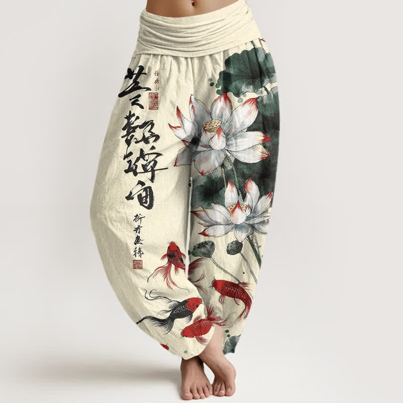 Buddha Stones コットンロータスレッド鯉の墨書道柄レディースゴムウエストハーレムパンツ - トウモロコシのひげ - US16、 UK/AU20、 EU48 (3XL) - image 8