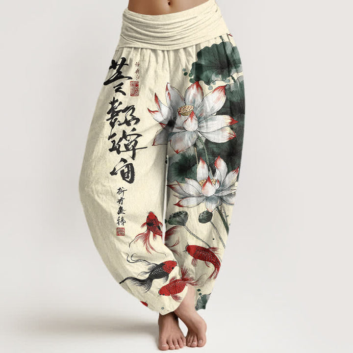 Buddha Stones コットンロータスレッド鯉の墨書道柄レディースゴムウエストハーレムパンツ - トウモロコシのひげ - US16、 UK/AU20、 EU48 (3XL) - image 8