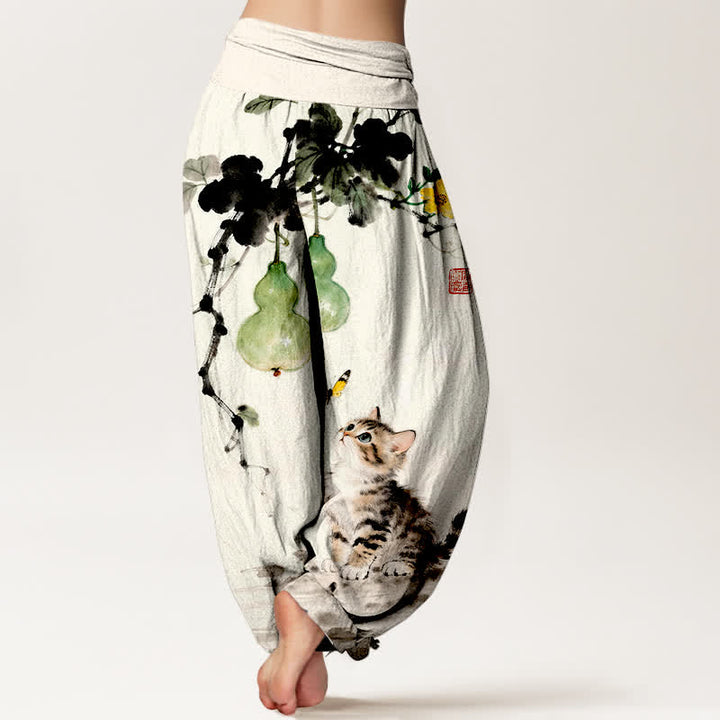 Buddha Stones コットンインクの猫ひょうたん柄レディースゴムウエストハーレムパンツ - image 1