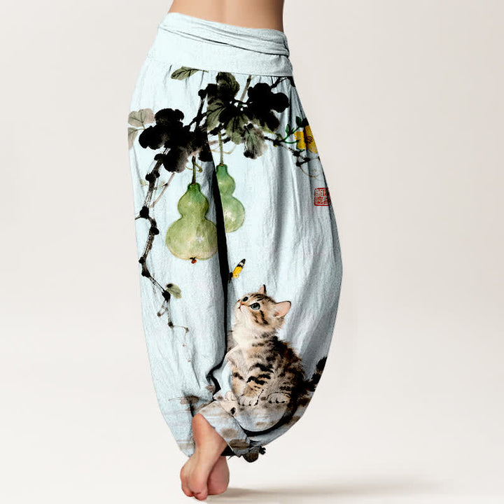 Buddha Stones コットンインクの猫ひょうたん柄レディースゴムウエストハーレムパンツ - image 6