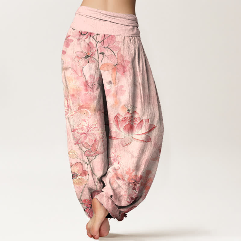 Buddha Stones コットン素材の蓮の花とトンボ柄のレディース用ゴムウエストハーレムパンツ - image 1