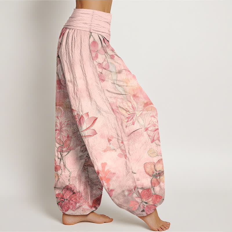 Buddha Stones コットン素材の蓮の花とトンボ柄のレディース用ゴムウエストハーレムパンツ - image 2