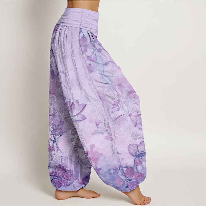 Buddha Stones コットン素材の蓮の花とトンボ柄のレディース用ゴムウエストハーレムパンツ - image 7