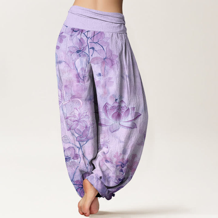 Buddha Stones コットン素材の蓮の花とトンボ柄のレディース用ゴムウエストハーレムパンツ - image 6